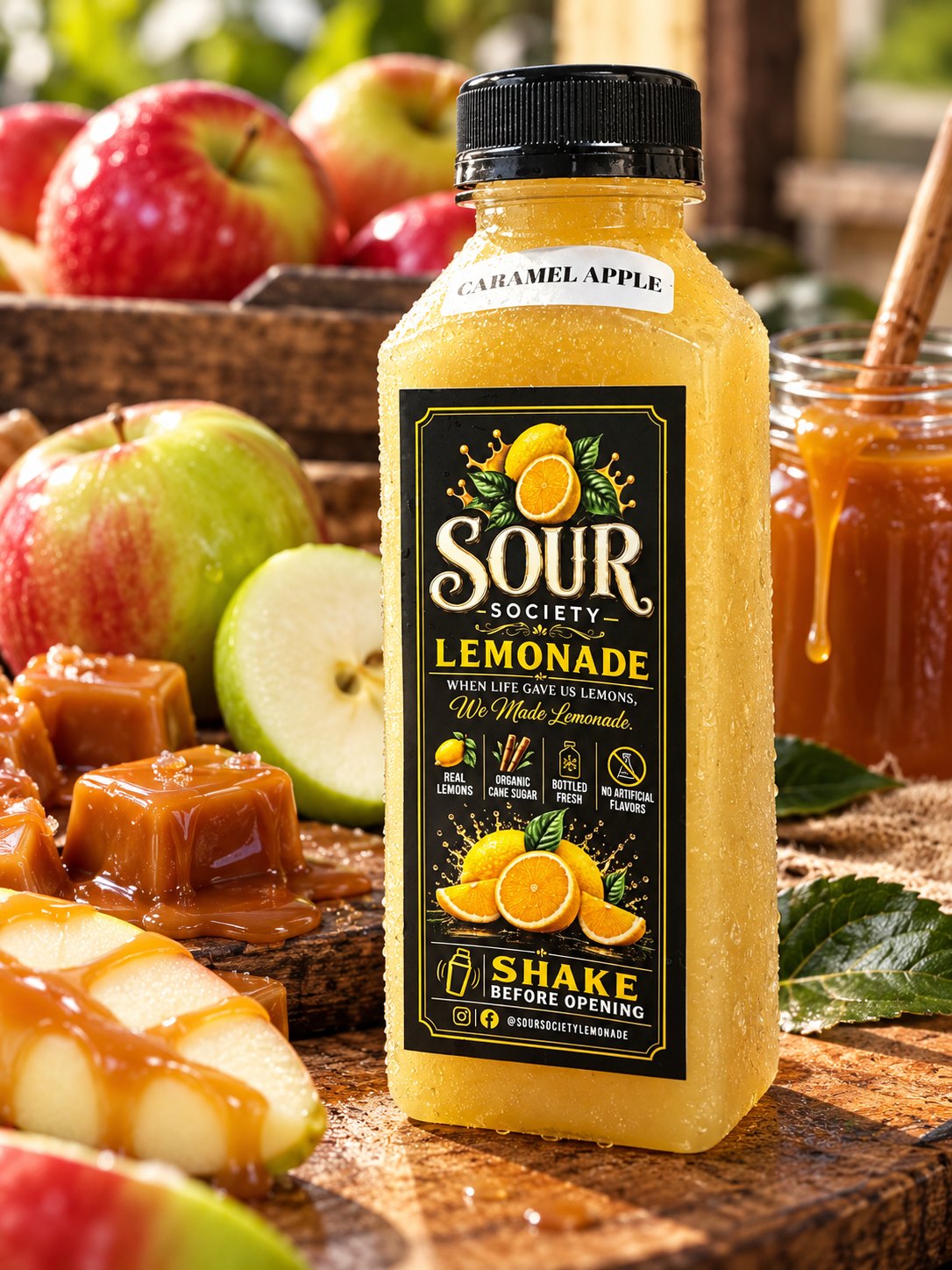 Caramel Apple Lemonade bottle with apples and caramel