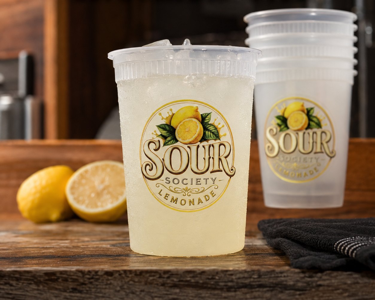 Sour Society lemonade in the new branded cups