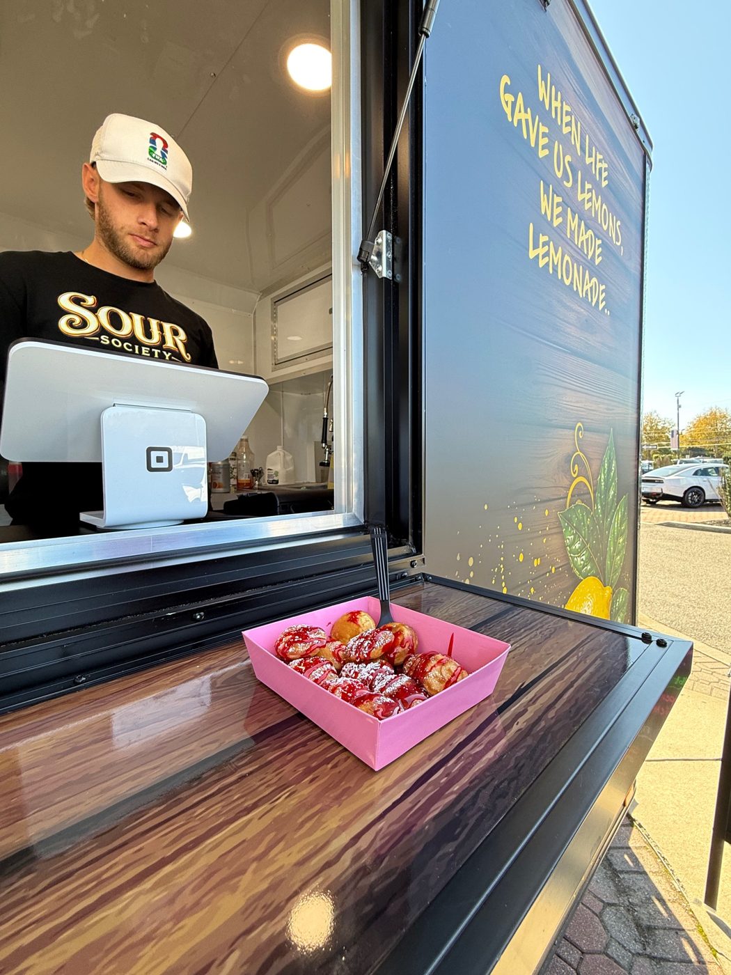 Mini pancakes with strawberry served at the trailer window