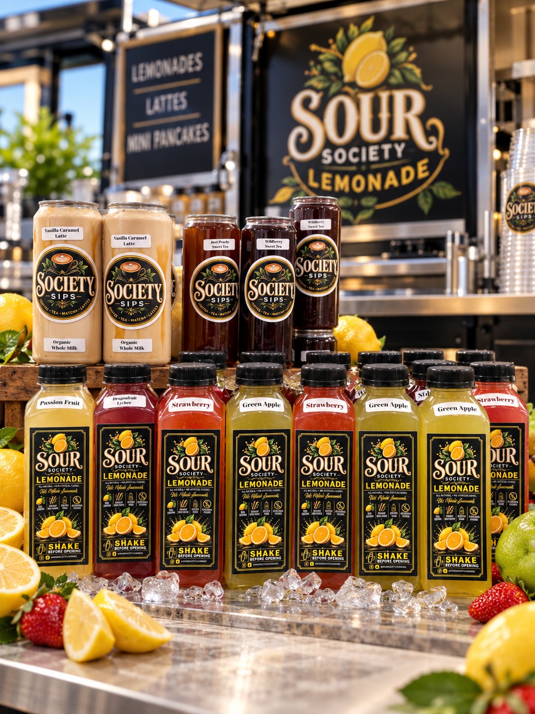 The full Sour Society lineup of bottled lemonades and Society Sips lattes at the trailer
