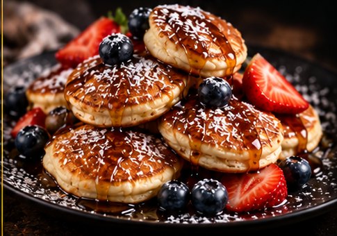 Mini pancakes stacked with strawberries, blueberries and powdered sugar