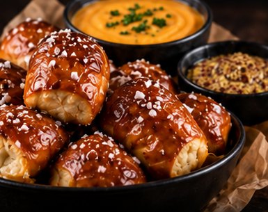 Glazed pretzel bites with coarse salt, beer cheese and spicy mustard
