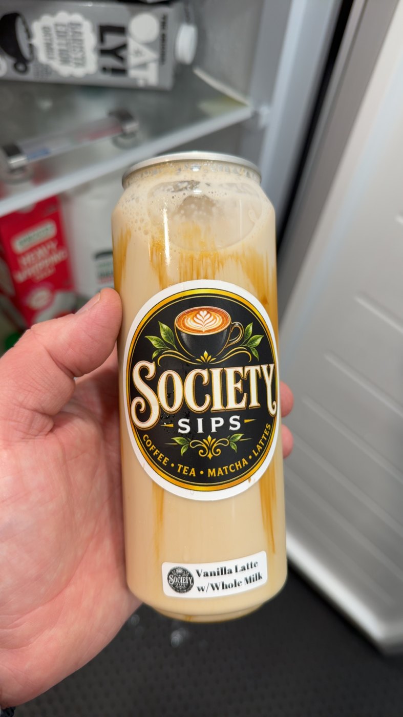 Society Sips vanilla latte in the new branded can